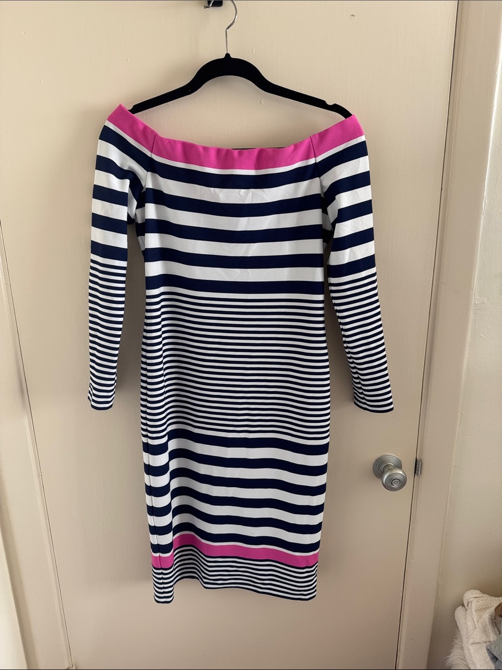 Eliza J Navy, White & Pink Striped Off-Shoulder Long Sleeve Midi Dress